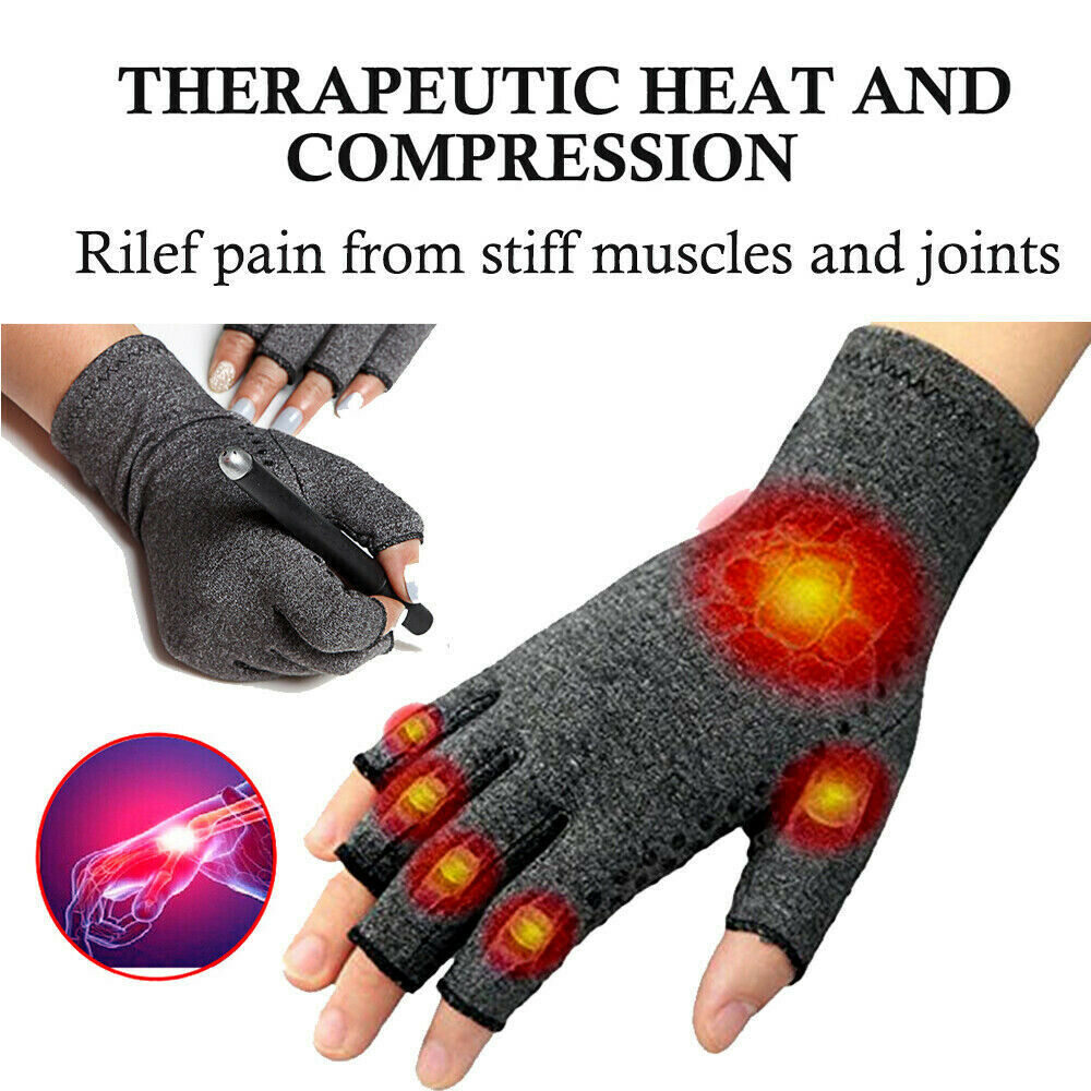 Gray gloves with heating elements for therapeutic heat and compression