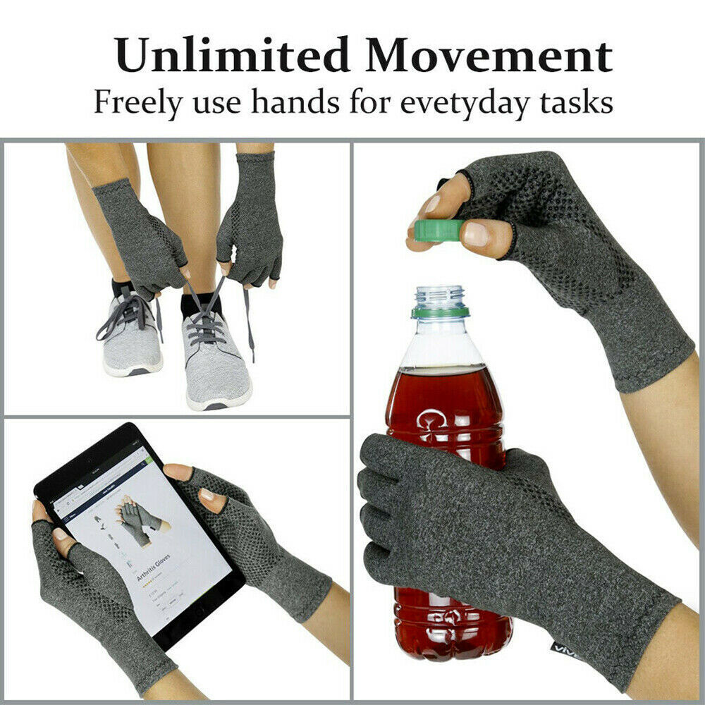 Gray fingerless gloves being used for various everyday tasks with text 'Unlimited Movement' and 'Freely use hands for everyday tasks'.