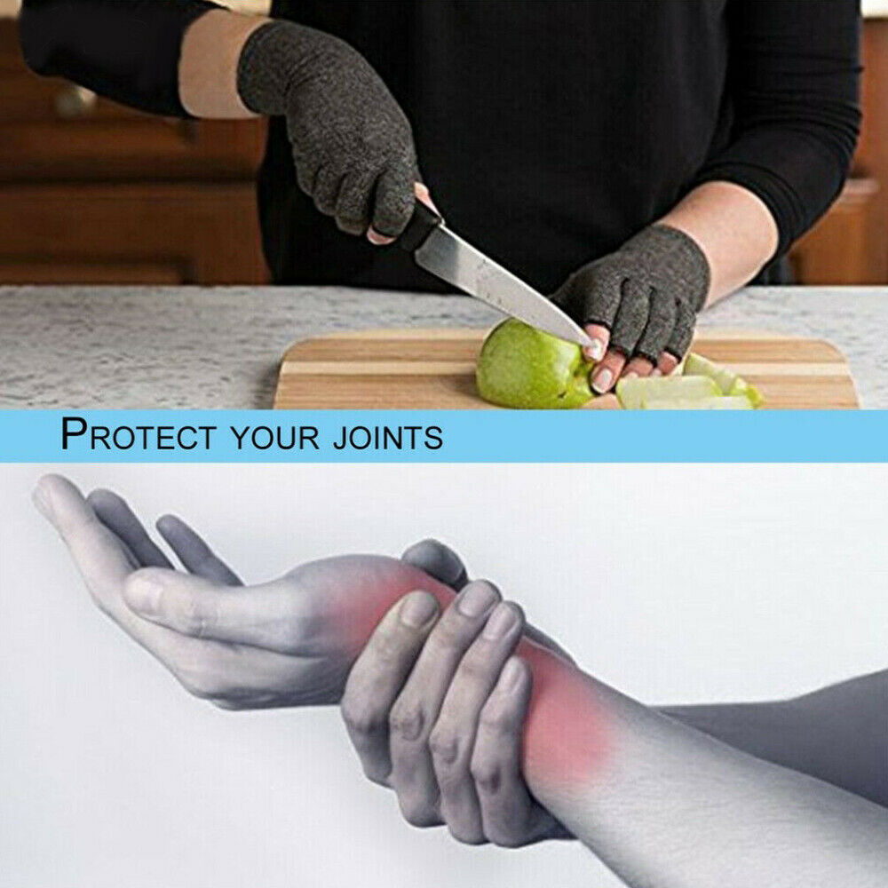 Person cutting a pear with gloves on, followed by an illustration of joint pain.