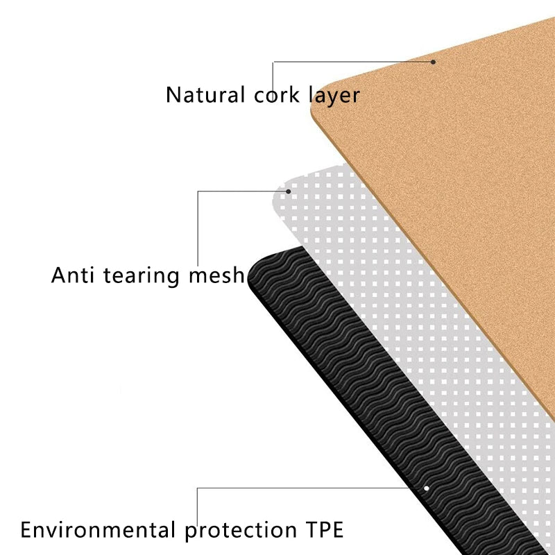 Layers of cork, mesh, and TPE material with labels on a white background