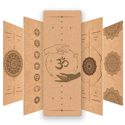 Cork yoga mat with Om symbol and hand design on a white background